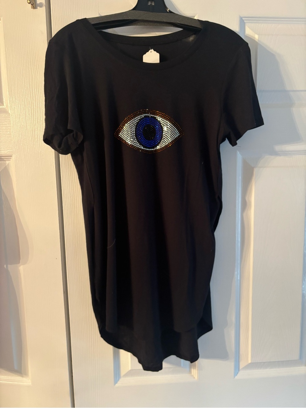 Black Women's Short Sleeve Top with Rhinestone Eye Detail